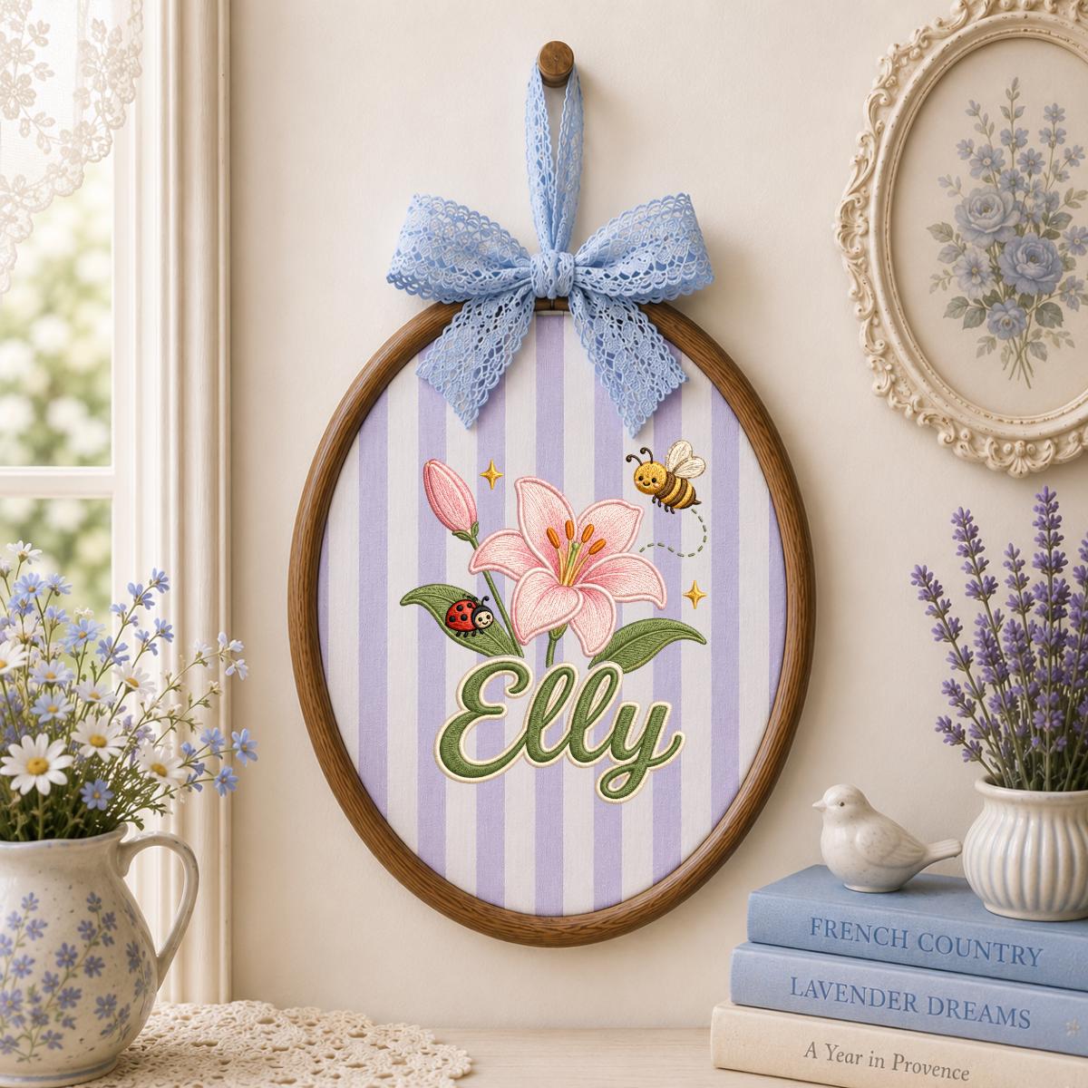 Personalized Embroidered Hoop Art, Floral Lily Bee Ladybug Name Sign
