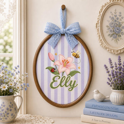 Personalized Embroidered Hoop Art, Floral Lily Bee Ladybug Name Sign