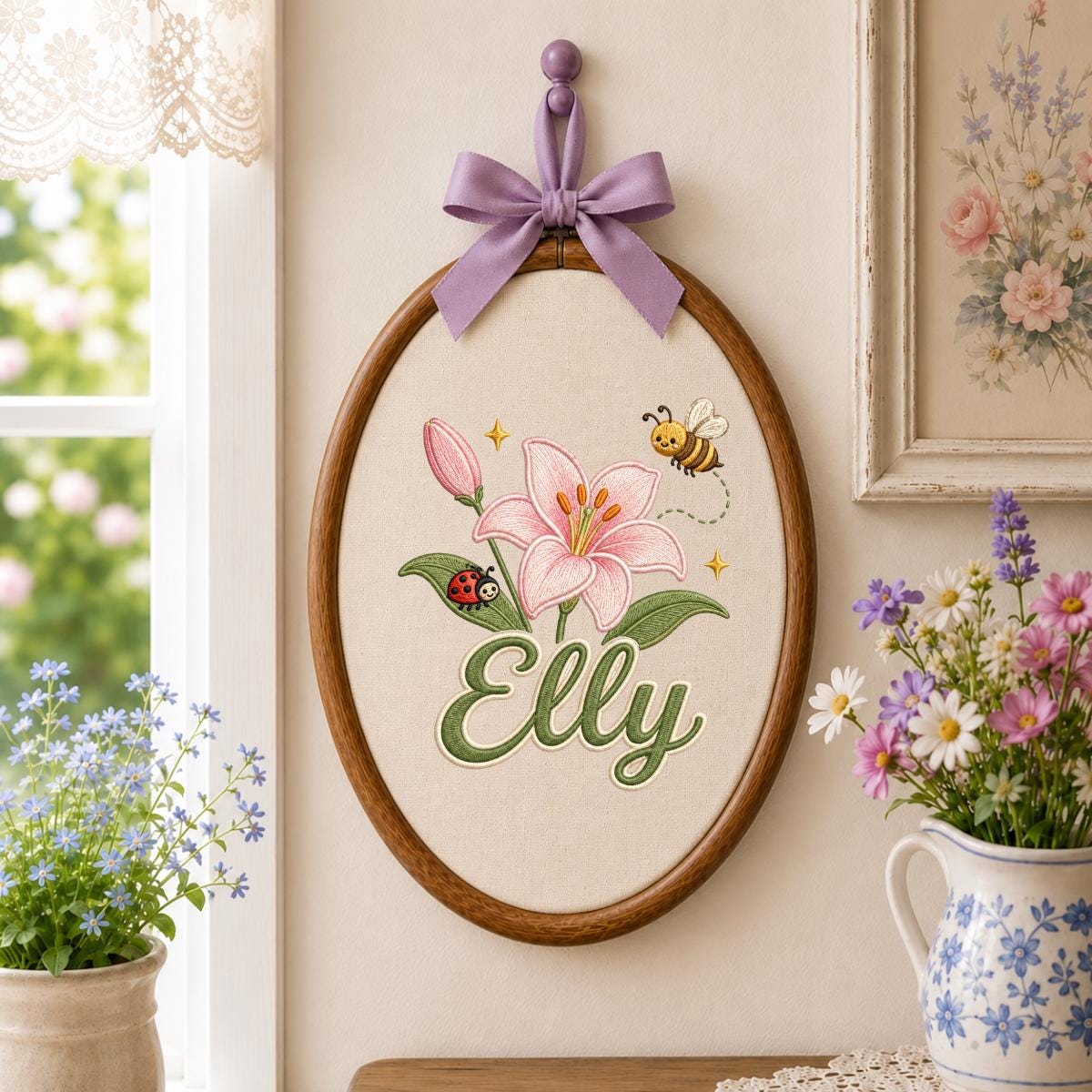 Personalized Embroidered Hoop Art, Floral Lily Bee Ladybug Name Sign