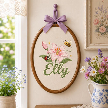 Personalized Embroidered Hoop Art, Floral Lily Bee Ladybug Name Sign
