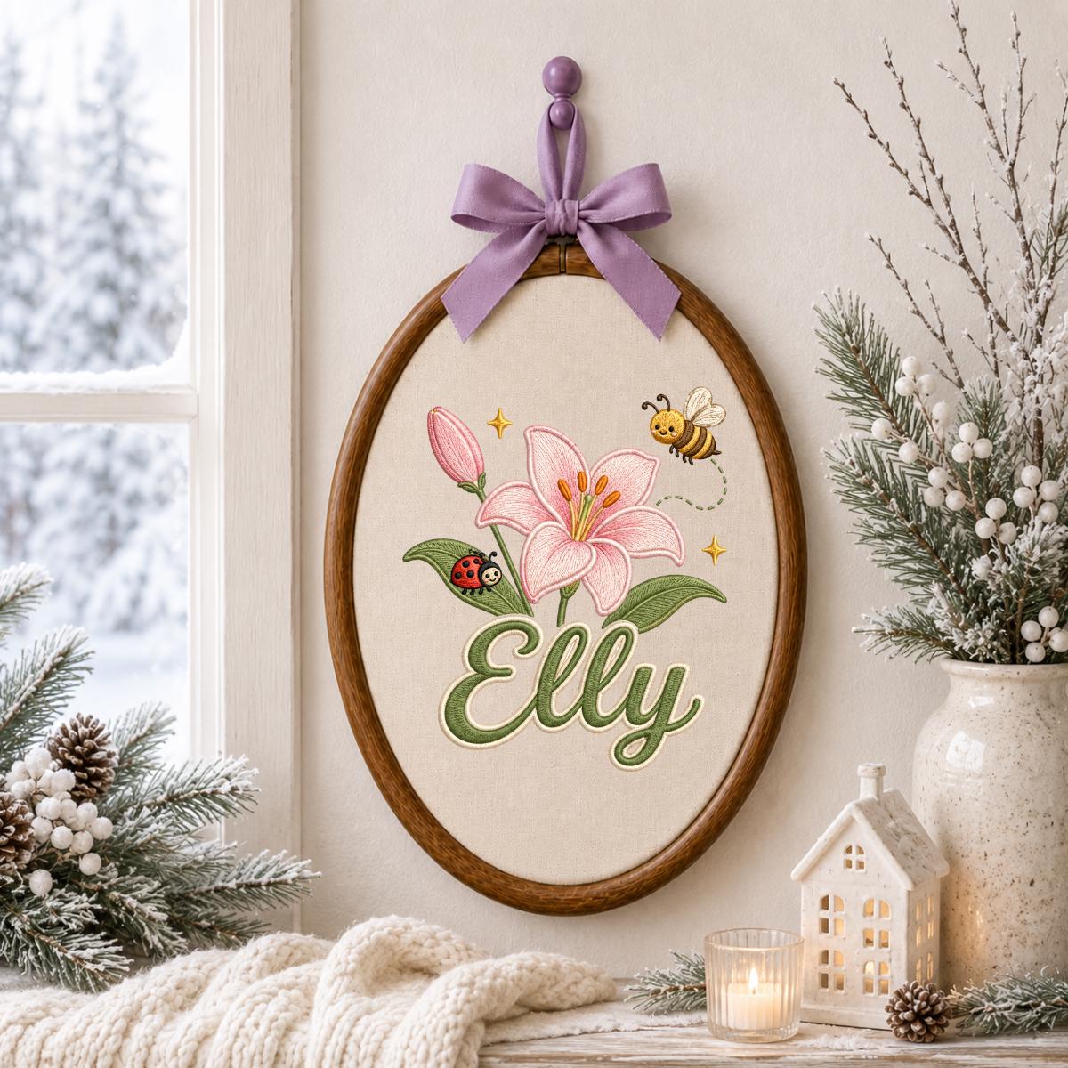 Personalized Embroidered Hoop Art, Floral Lily Bee Ladybug Name Sign