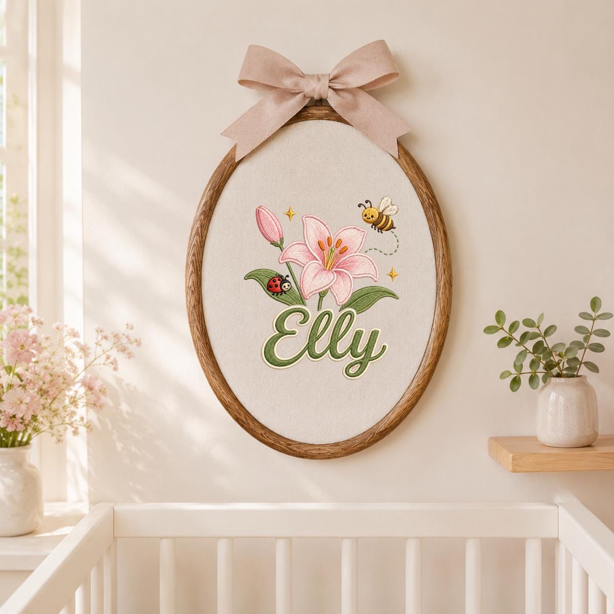Personalized Embroidered Hoop Art, Floral Lily Bee Ladybug Name Sign
