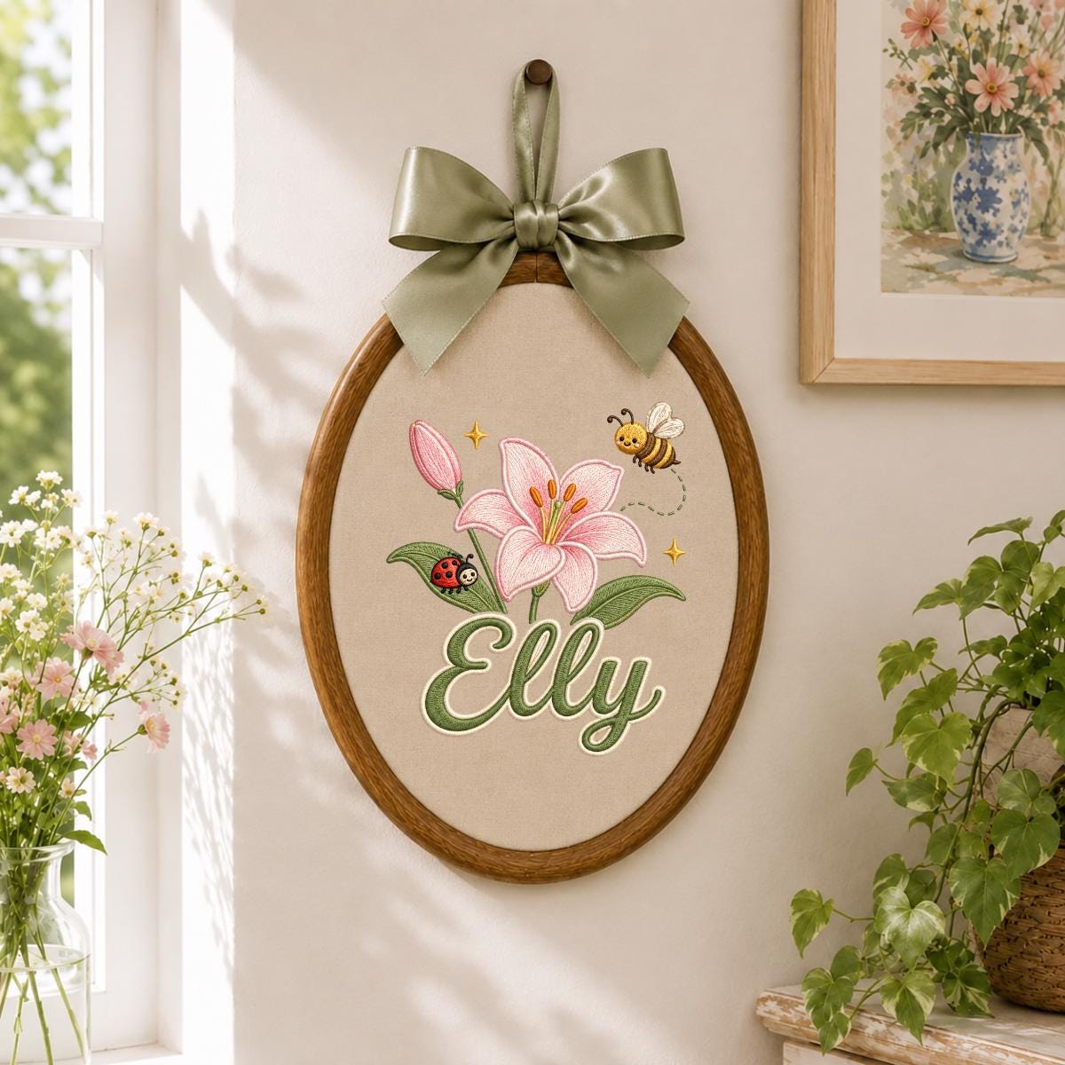 Personalized Embroidered Hoop Art, Floral Lily Bee Ladybug Name Sign