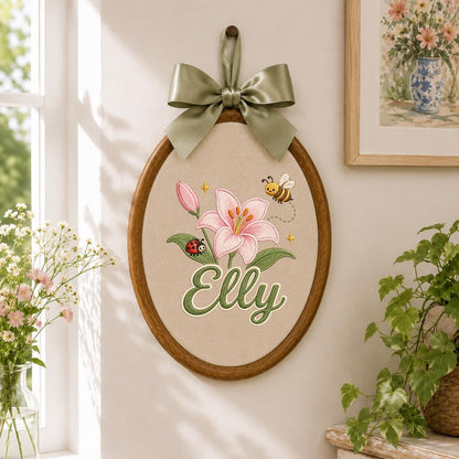 Personalized Embroidered Hoop Art, Floral Lily Bee Ladybug Name Sign