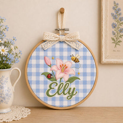 Personalized Embroidered Hoop Art, Floral Lily Bee Ladybug Name Sign
