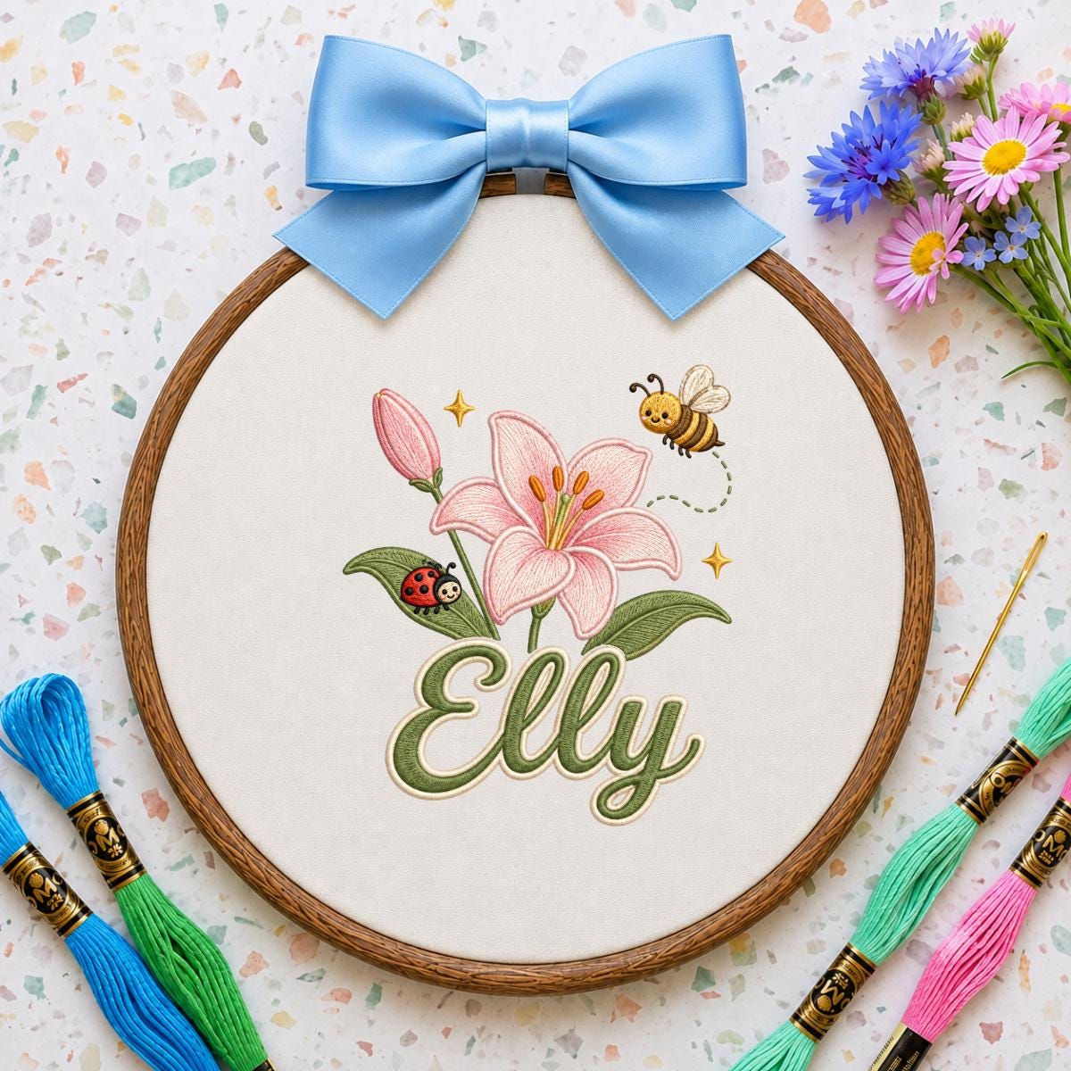 Personalized Embroidered Hoop Art, Floral Lily Bee Ladybug Name Sign