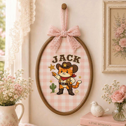 Custom Embroidered Cowboy Cat Hoop Art, Western Nursery Wall Hanging