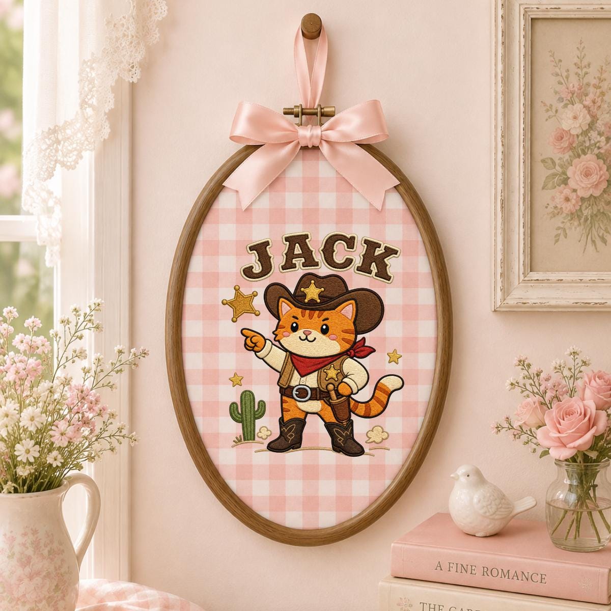 Custom Embroidered Cowboy Cat Hoop Art, Western Nursery Wall Hanging