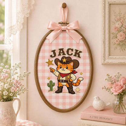 Custom Embroidered Cowboy Cat Hoop Art, Western Nursery Wall Hanging