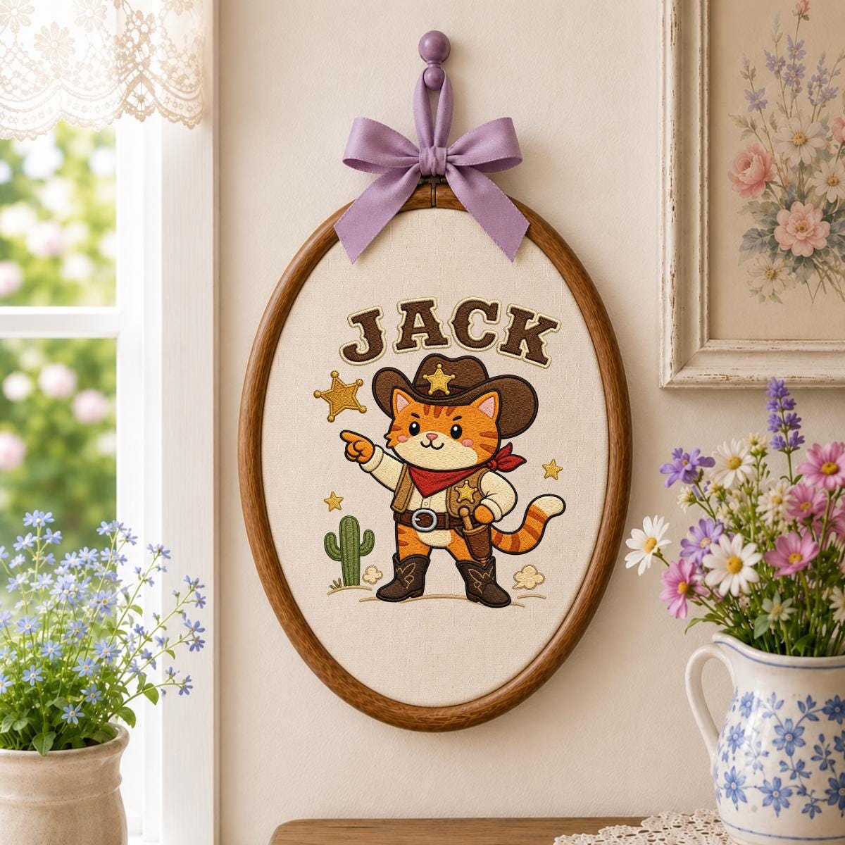 Custom Embroidered Cowboy Cat Hoop Art, Western Nursery Wall Hanging