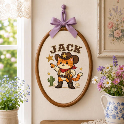Custom Embroidered Cowboy Cat Hoop Art, Western Nursery Wall Hanging
