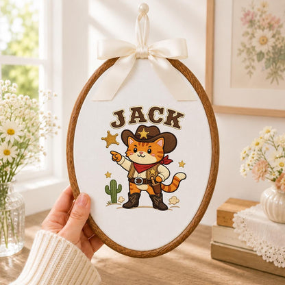 Custom Embroidered Cowboy Cat Hoop Art, Western Nursery Wall Hanging