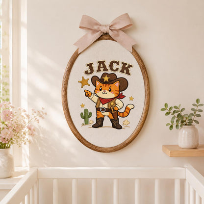 Custom Embroidered Cowboy Cat Hoop Art, Western Nursery Wall Hanging