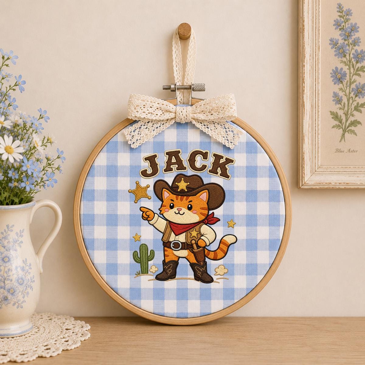 Custom Embroidered Cowboy Cat Hoop Art, Western Nursery Wall Hanging