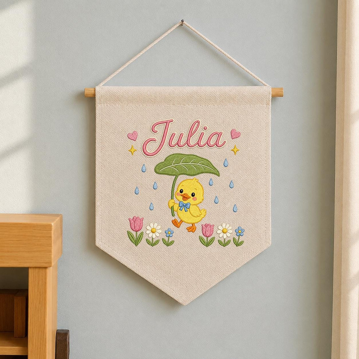 Personalized Duckling Embroidered Banner, Spring Floral Nursery Decor, Custom Name Wall Art