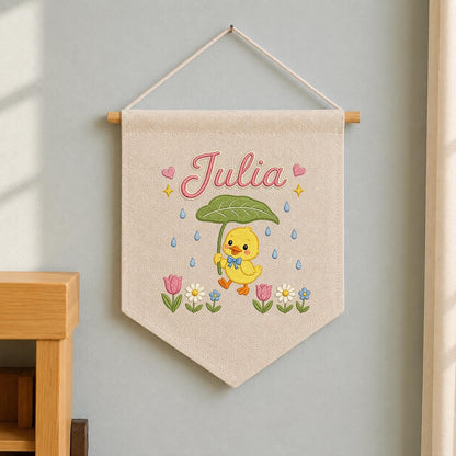 Personalized Duckling Embroidered Banner, Spring Floral Nursery Decor, Custom Name Wall Art