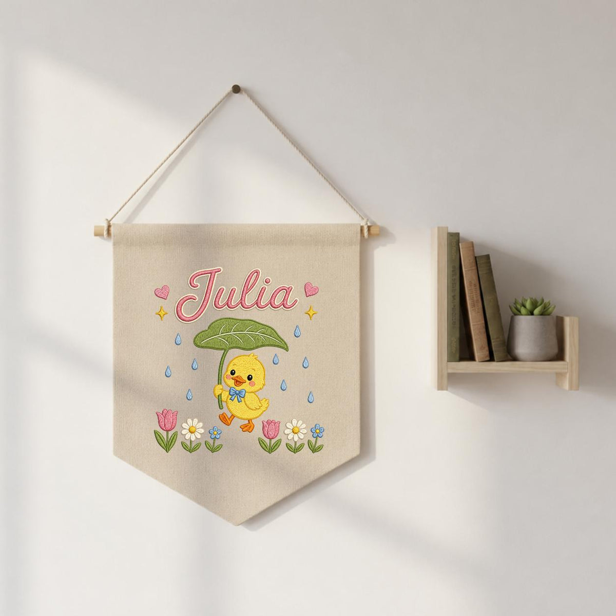 Personalized Duckling Embroidered Banner, Spring Floral Nursery Decor, Custom Name Wall Art