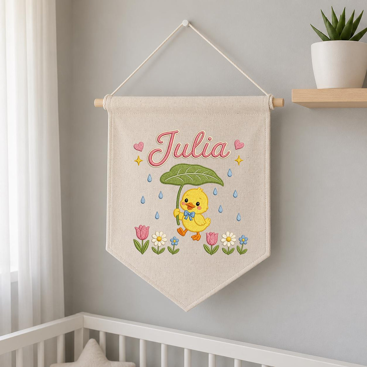 Personalized Duckling Embroidered Banner, Spring Floral Nursery Decor, Custom Name Wall Art