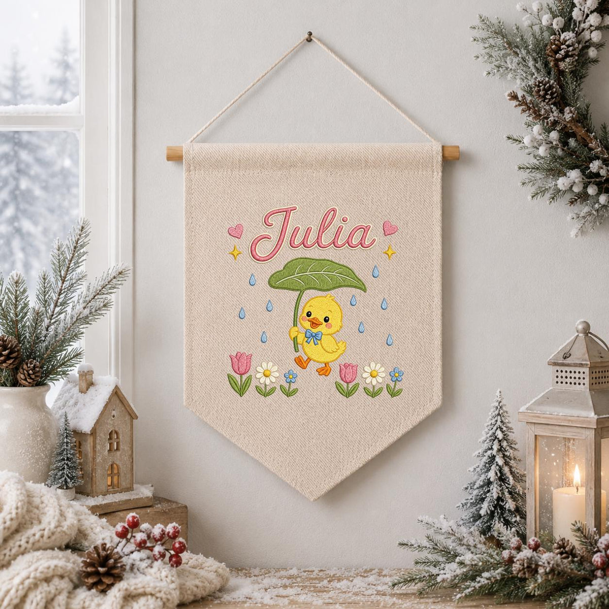 Personalized Duckling Embroidered Banner, Spring Floral Nursery Decor, Custom Name Wall Art