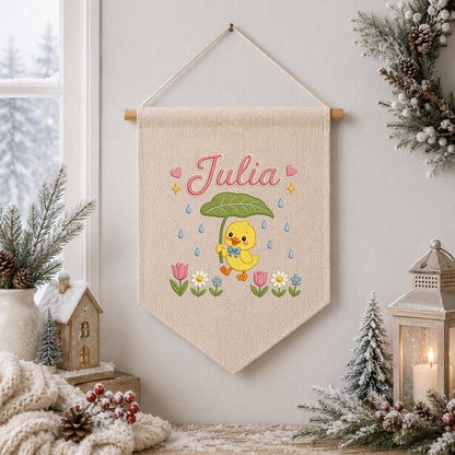 Personalized Duckling Embroidered Banner, Spring Floral Nursery Decor, Custom Name Wall Art