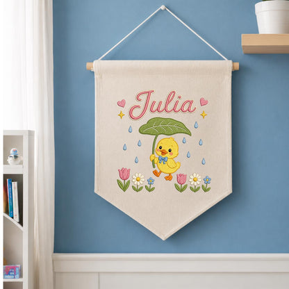 Personalized Duckling Embroidered Banner, Spring Floral Nursery Decor, Custom Name Wall Art