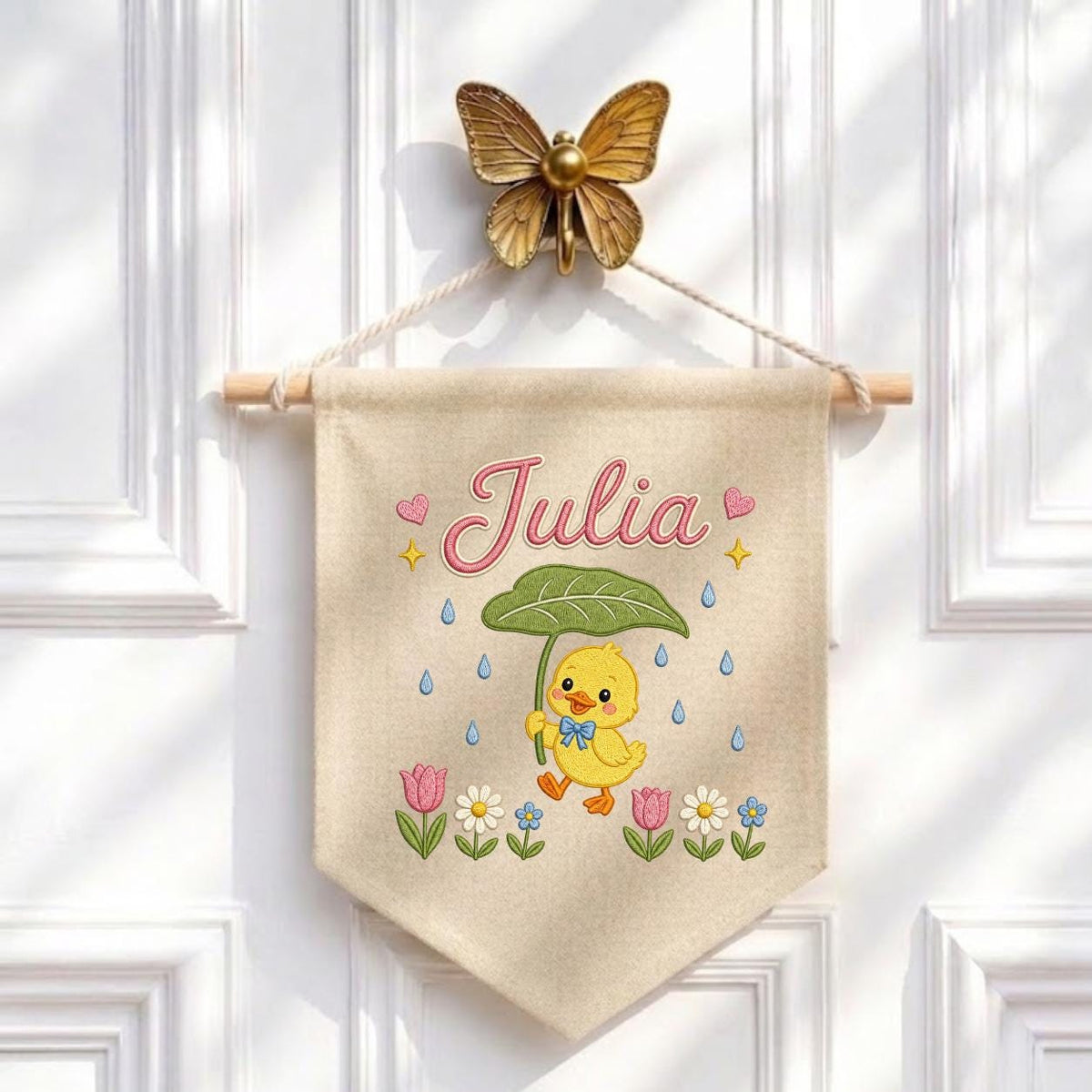 Personalized Duckling Embroidered Banner, Spring Floral Nursery Decor, Custom Name Wall Art