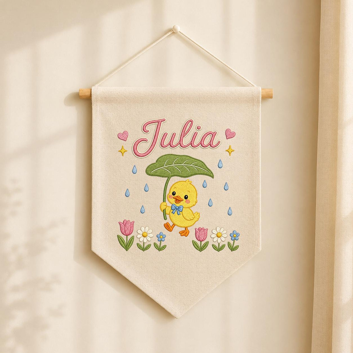 Personalized Duckling Embroidered Banner, Spring Floral Nursery Decor, Custom Name Wall Art