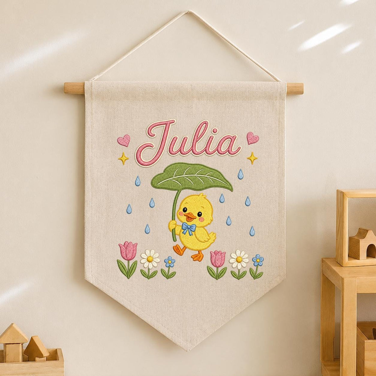 Personalized Duckling Embroidered Banner, Spring Floral Nursery Decor, Custom Name Wall Art