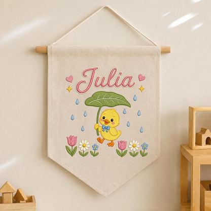 Personalized Duckling Embroidered Banner, Spring Floral Nursery Decor, Custom Name Wall Art