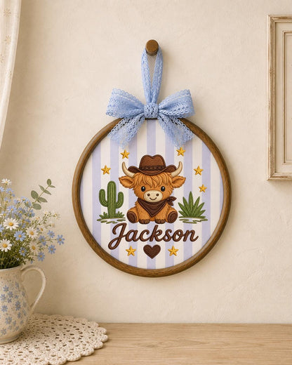 Personalized Embroidered Highland Cow Ornament, Custom Baby Name Hoop, Western Nursery Decor, Cowboy Baby Gift, Newborn Keepsake