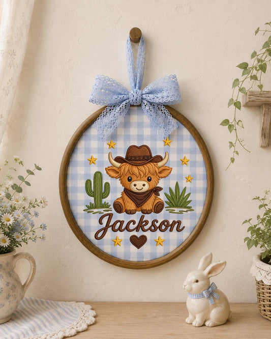 Personalized Embroidered Highland Cow Ornament, Custom Baby Name Hoop, Western Nursery Decor, Cowboy Baby Gift, Newborn Keepsake