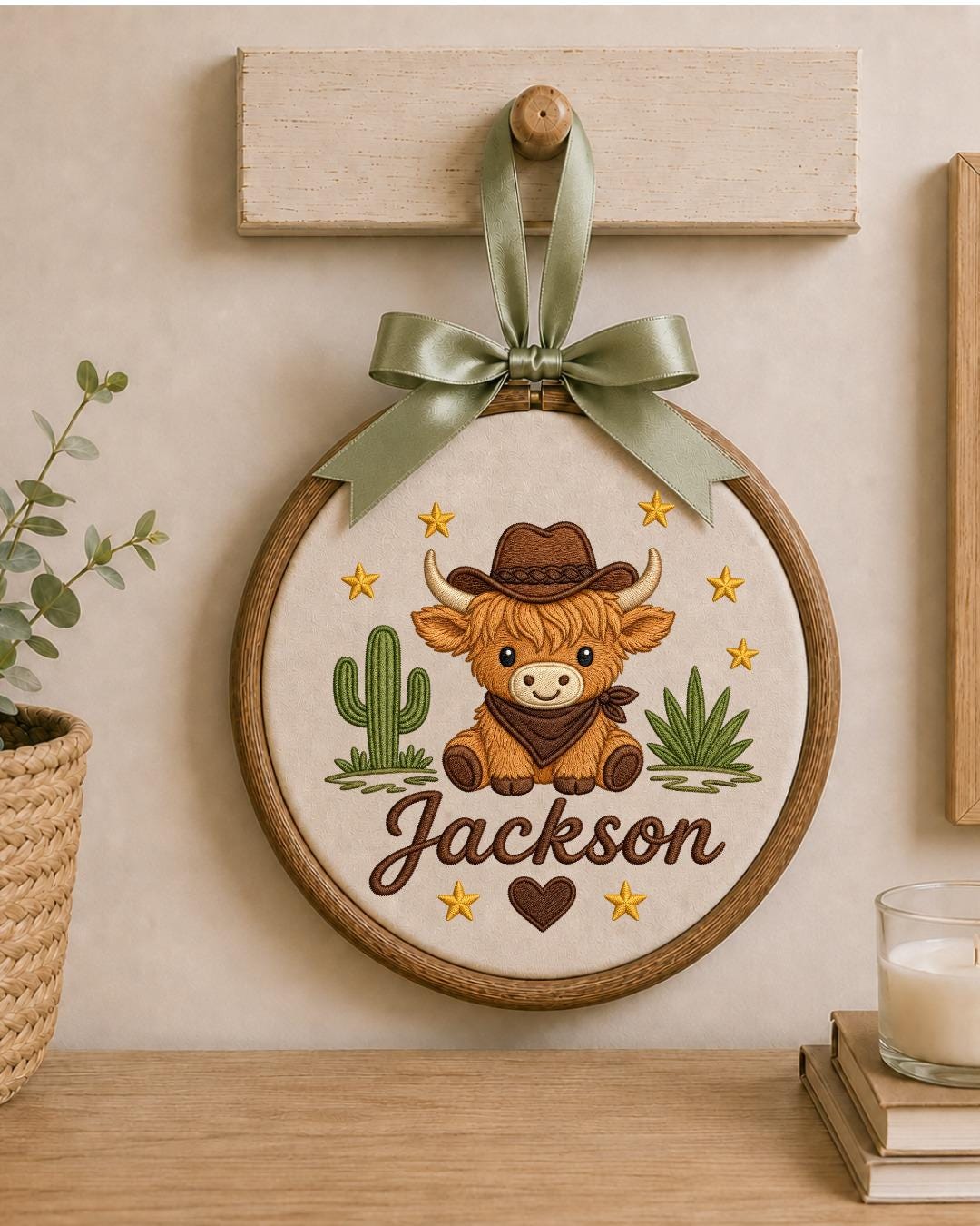 Personalized Embroidered Highland Cow Ornament, Custom Baby Name Hoop, Western Nursery Decor, Cowboy Baby Gift, Newborn Keepsake