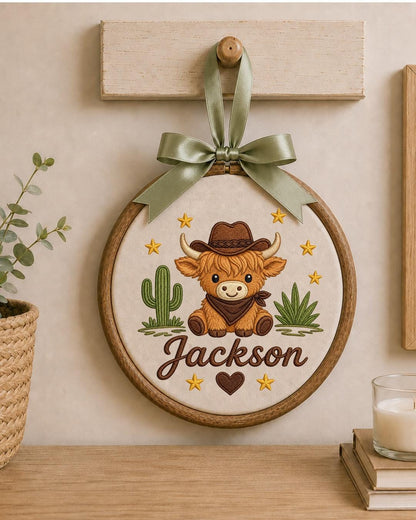 Personalized Embroidered Highland Cow Ornament, Custom Baby Name Hoop, Western Nursery Decor, Cowboy Baby Gift, Newborn Keepsake