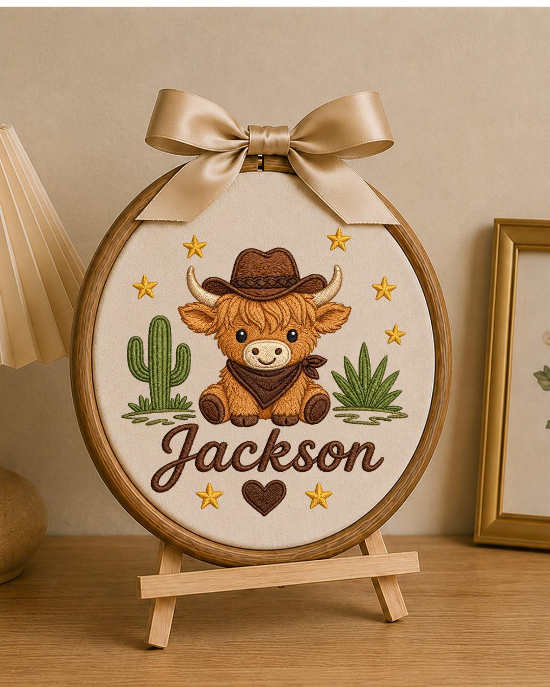 Personalized Embroidered Highland Cow Ornament, Custom Baby Name Hoop, Western Nursery Decor, Cowboy Baby Gift, Newborn Keepsake