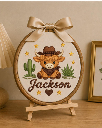 Personalized Embroidered Highland Cow Ornament, Custom Baby Name Hoop, Western Nursery Decor, Cowboy Baby Gift, Newborn Keepsake