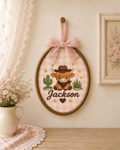 Personalized Embroidered Highland Cow Ornament, Custom Baby Name Hoop, Western Nursery Decor, Cowboy Baby Gift, Newborn Keepsake