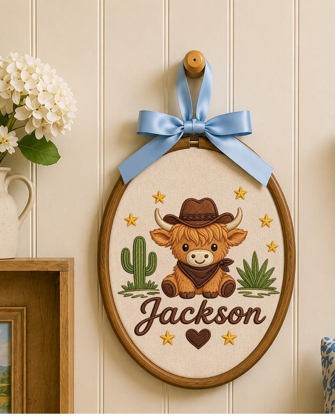 Personalized Embroidered Highland Cow Ornament, Custom Baby Name Hoop, Western Nursery Decor, Cowboy Baby Gift, Newborn Keepsake
