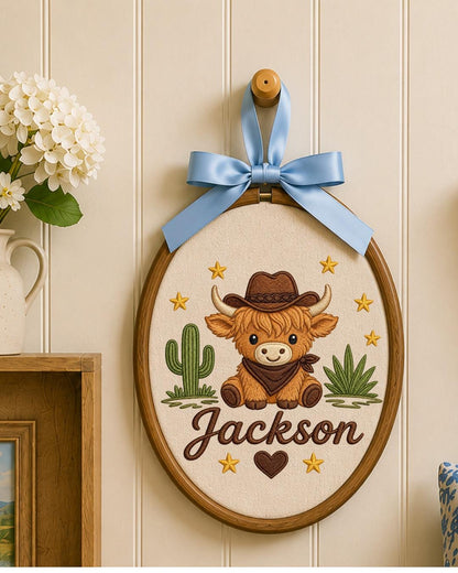 Personalized Embroidered Highland Cow Ornament, Custom Baby Name Hoop, Western Nursery Decor, Cowboy Baby Gift, Newborn Keepsake