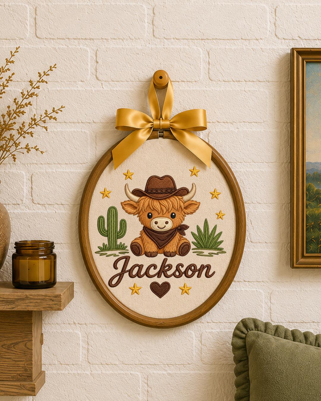 Personalized Embroidered Highland Cow Ornament, Custom Baby Name Hoop, Western Nursery Decor, Cowboy Baby Gift, Newborn Keepsake