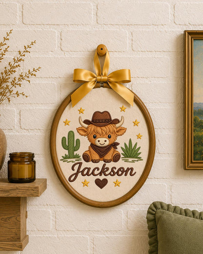 Personalized Embroidered Highland Cow Ornament, Custom Baby Name Hoop, Western Nursery Decor, Cowboy Baby Gift, Newborn Keepsake