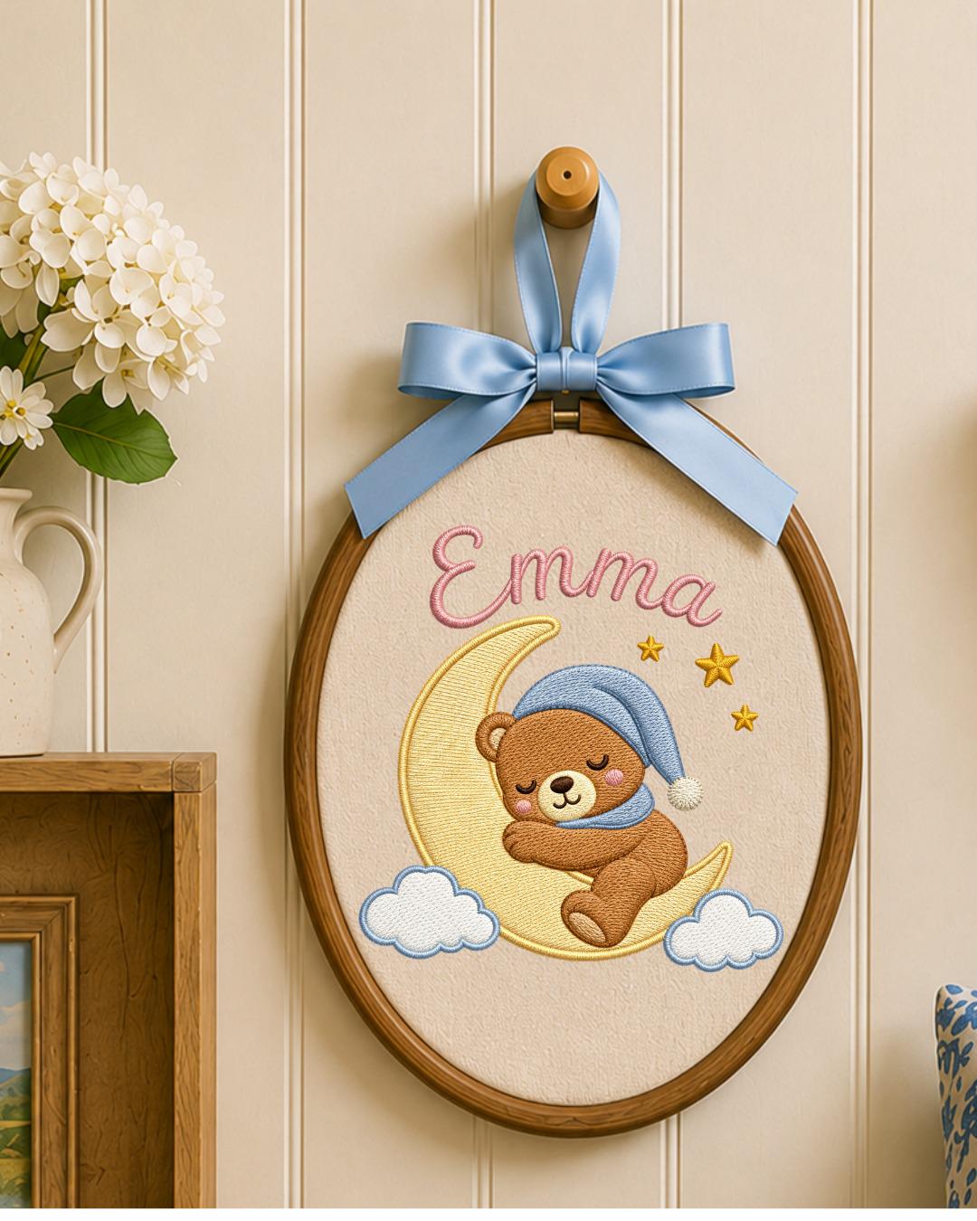 Personalized Embroidered Teddy Bear Ornament, Custom Baby Name Hoop, Sleeping Bear Moon Nursery Decor, Newborn Keepsake Gift