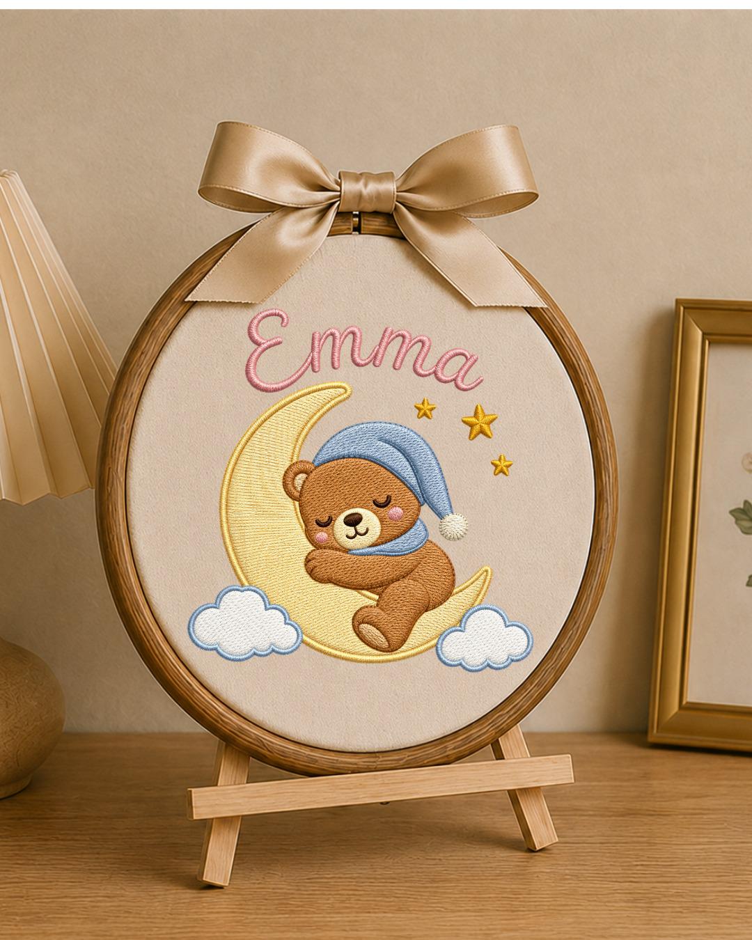 Personalized Embroidered Teddy Bear Ornament, Custom Baby Name Hoop, Sleeping Bear Moon Nursery Decor, Newborn Keepsake Gift
