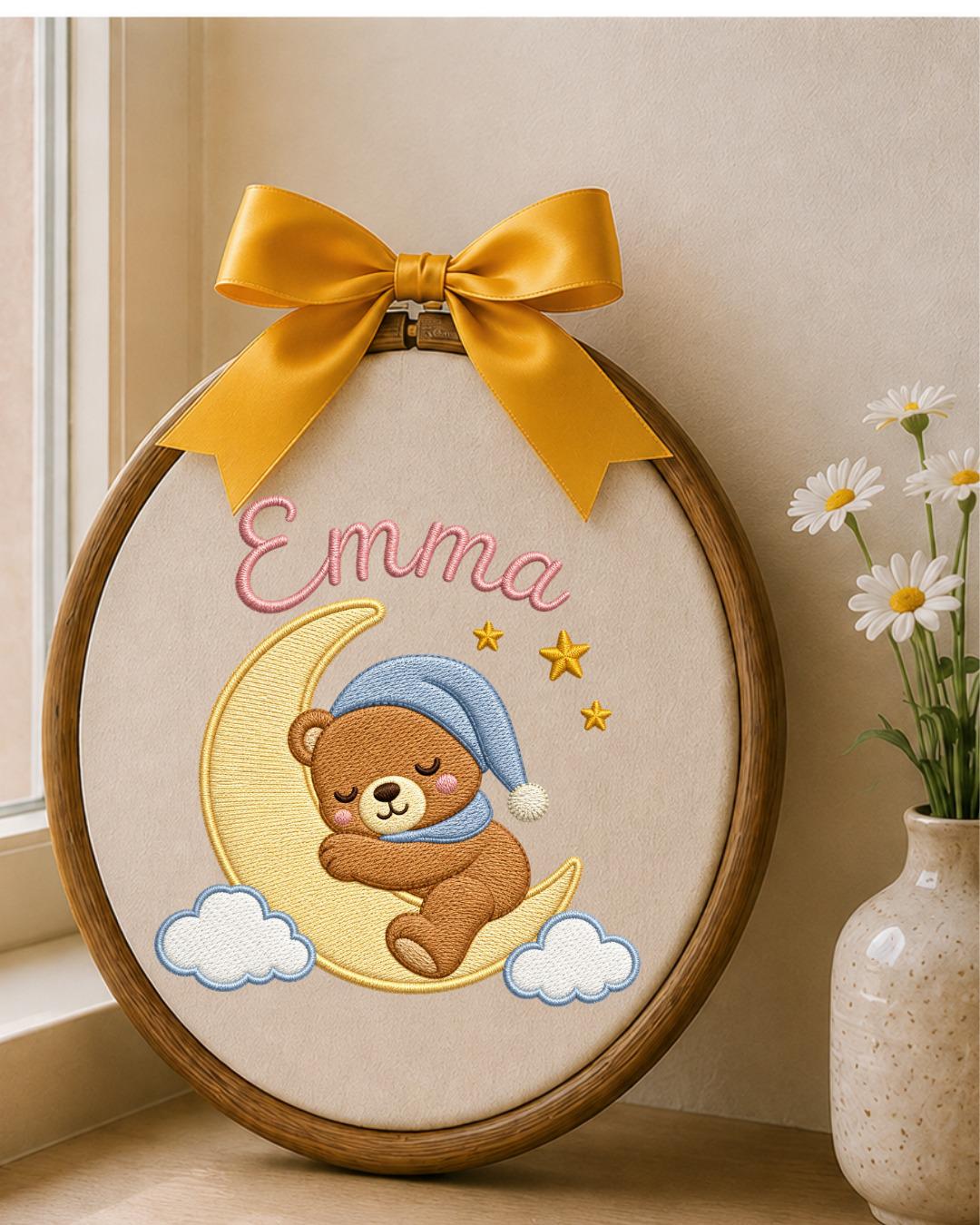 Personalized Embroidered Teddy Bear Ornament, Custom Baby Name Hoop, Sleeping Bear Moon Nursery Decor, Newborn Keepsake Gift