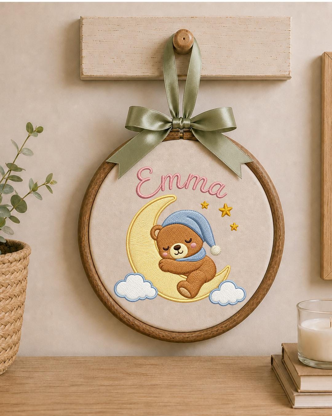 Personalized Embroidered Teddy Bear Ornament, Custom Baby Name Hoop, Sleeping Bear Moon Nursery Decor, Newborn Keepsake Gift