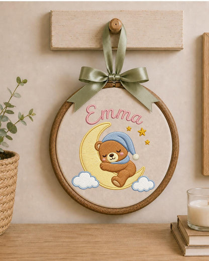 Personalized Embroidered Teddy Bear Ornament, Custom Baby Name Hoop, Sleeping Bear Moon Nursery Decor, Newborn Keepsake Gift