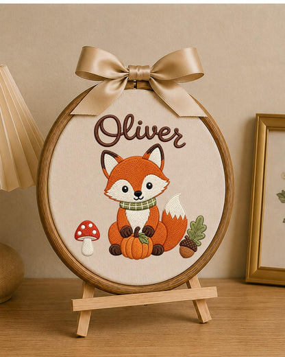 Personalized Embroidered Fox Ornament, Custom Baby Name Hoop, Woodland Nursery Decor, Fall Baby Gift, Newborn Keepsake