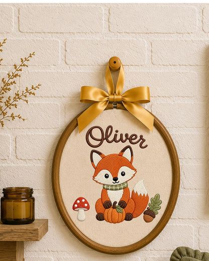 Personalized Embroidered Fox Ornament, Custom Baby Name Hoop, Woodland Nursery Decor, Fall Baby Gift, Newborn Keepsake