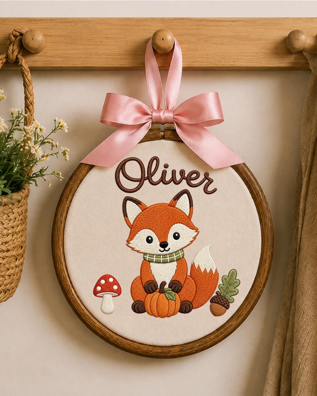 Personalized Embroidered Fox Ornament, Custom Baby Name Hoop, Woodland Nursery Decor, Fall Baby Gift, Newborn Keepsake