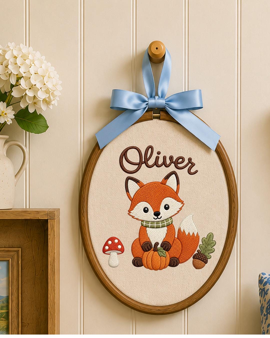 Personalized Embroidered Fox Ornament, Custom Baby Name Hoop, Woodland Nursery Decor, Fall Baby Gift, Newborn Keepsake