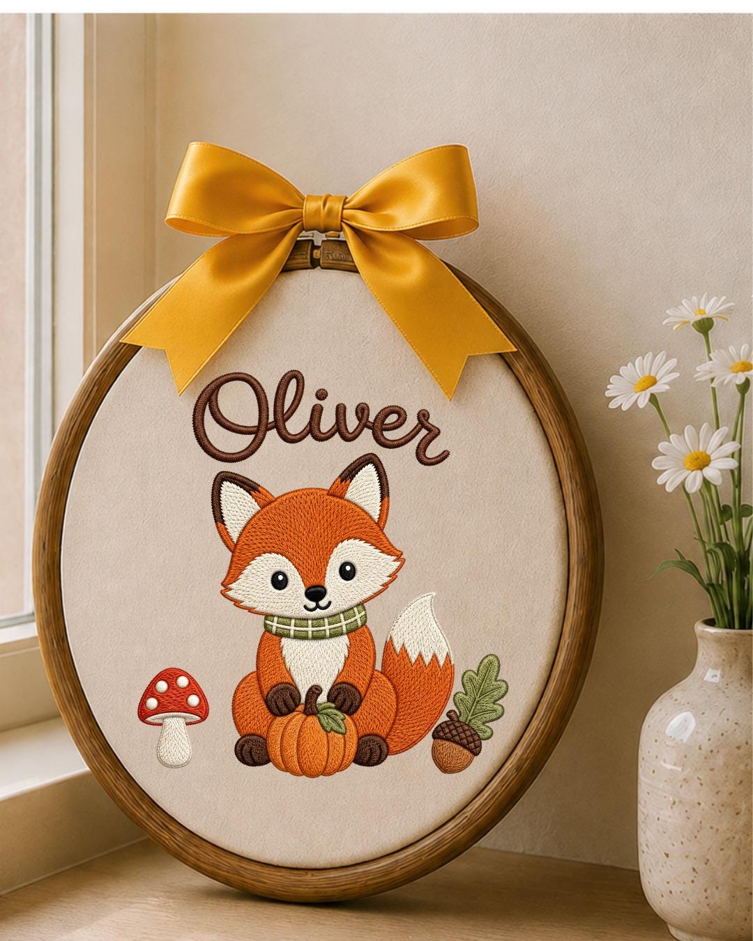 Personalized Embroidered Fox Ornament, Custom Baby Name Hoop, Woodland Nursery Decor, Fall Baby Gift, Newborn Keepsake